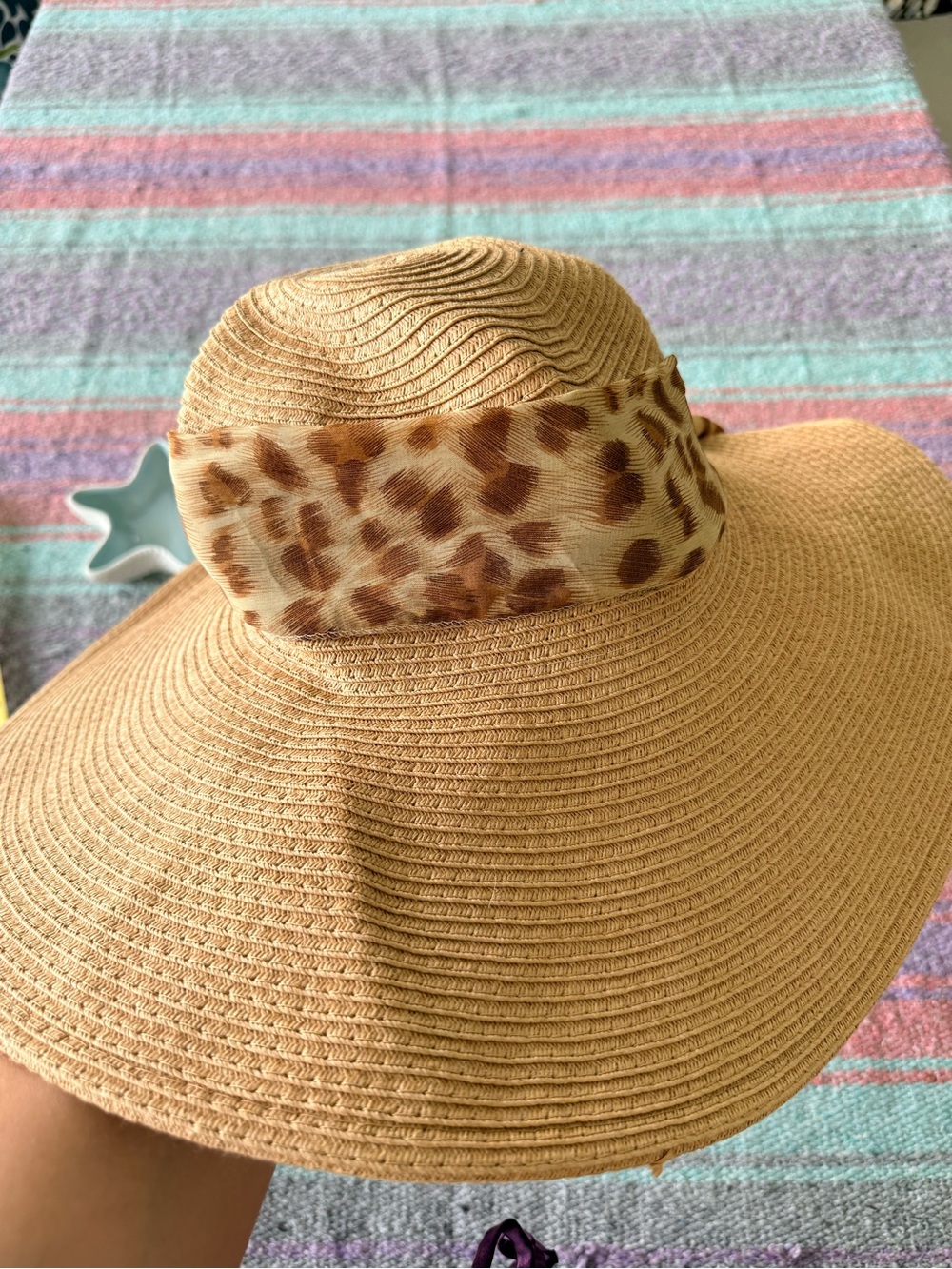 Wide Brim Straw Sun Hat Leopard Scarf Accent Beach Vacation Resort Hat